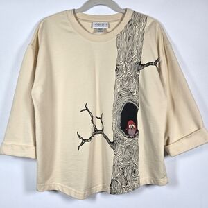 Catalog Favorites Owl Birch Cream 3/4 Sleeve Crew Neck Sweatshirt Top Size Large